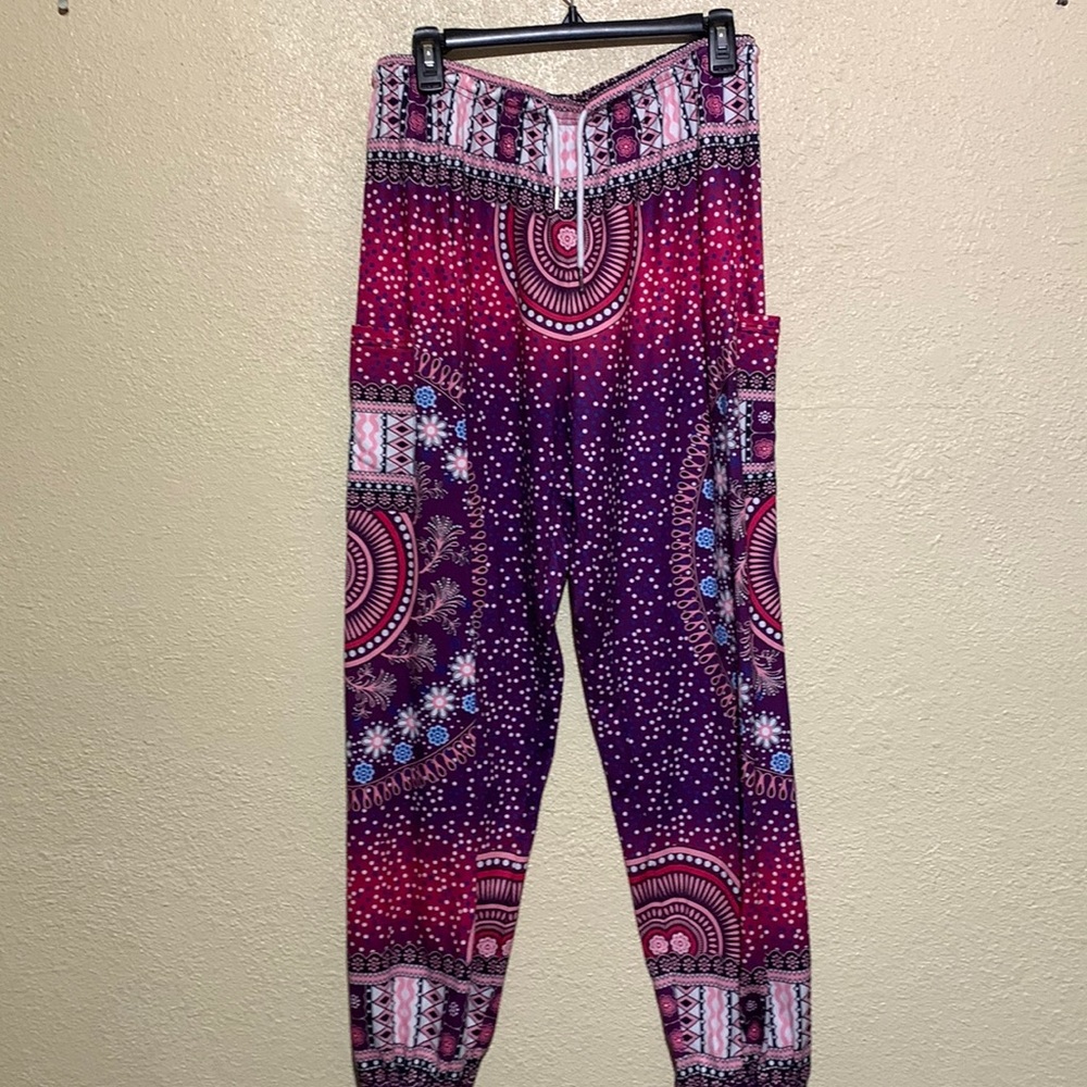 Qianxizhan BOHO Soft Pant XL Purple Pink Black Dots Floral Stretchy Elastic Hem